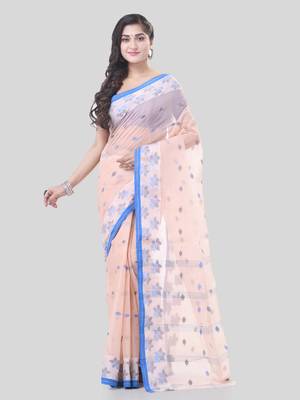 Pink Woven Cotton Floral Handloom-Sarees Without Blouse Piece 5