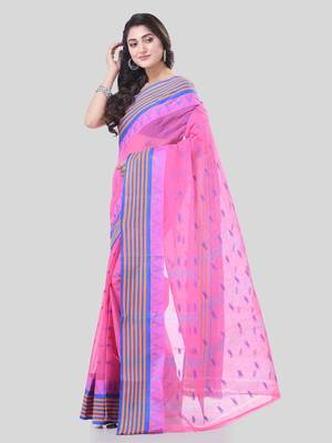 Pink Woven Cotton Floral Handloom-Sarees Without Blouse Piece 3