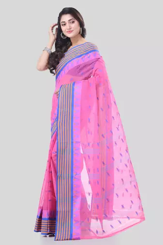 Pink Woven Cotton Floral Handloom-Sarees Without Blouse Piece