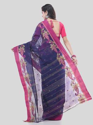 Blue Woven Cotton Paisley Handloom-Sarees Without Blouse Piece 2