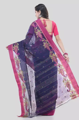 Blue Woven Cotton Paisley Handloom-Sarees Without Blouse Piece