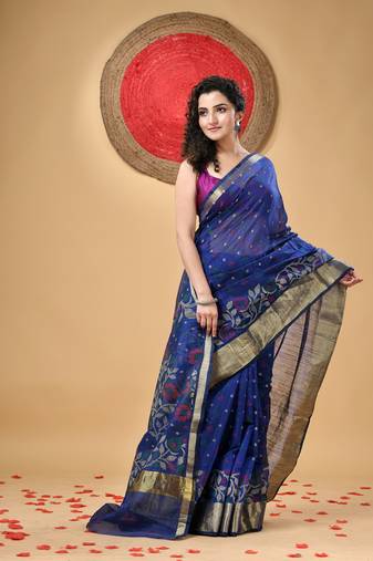 Blue Woven Cotton Silk Floral Handloom-Sarees Without Blouse Piece