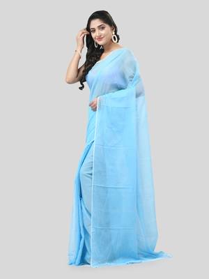 Blue Woven Cotton Solid Handloom-Sarees Without Blouse Piece 3