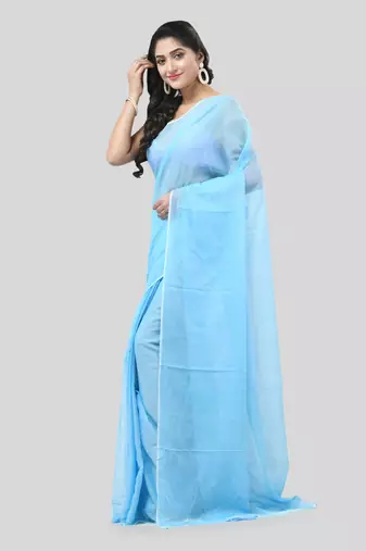 Blue Woven Cotton Solid Handloom-Sarees Without Blouse Piece