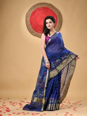 Blue Woven Cotton Silk Floral Handloom-Sarees Without Blouse Piece 1