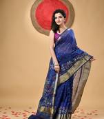 Blue Woven Cotton Silk Floral Handloom-Sarees Without Blouse Piece