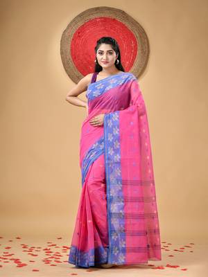 Pink Woven Cotton Floral Handloom-Sarees Without Blouse Piece 1