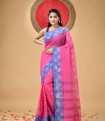 Pink Woven Cotton Floral Handloom-Sarees Without Blouse Piece