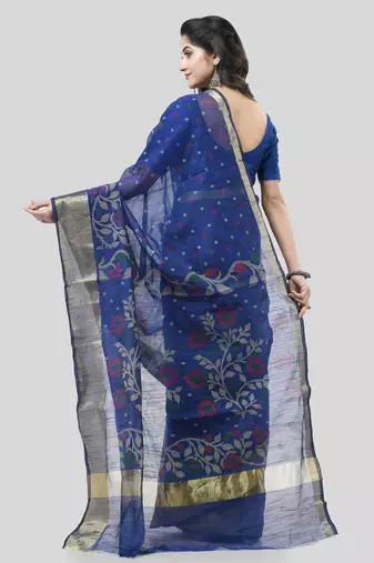 Blue Woven Cotton Silk Floral Handloom-Sarees Without Blouse Piece