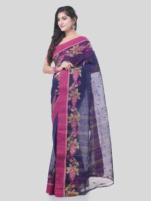 Blue Woven Cotton Paisley Handloom-Sarees Without Blouse Piece 3