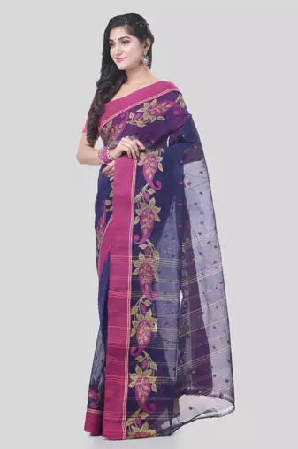 Blue Woven Cotton Paisley Handloom-Sarees Without Blouse Piece
