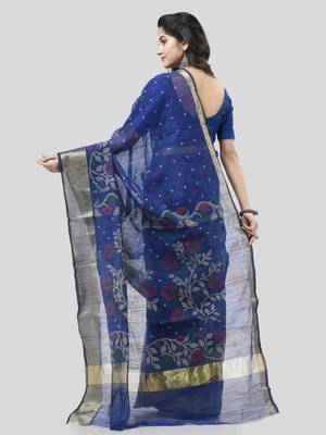Blue Woven Cotton Silk Floral Handloom-Sarees Without Blouse Piece 2