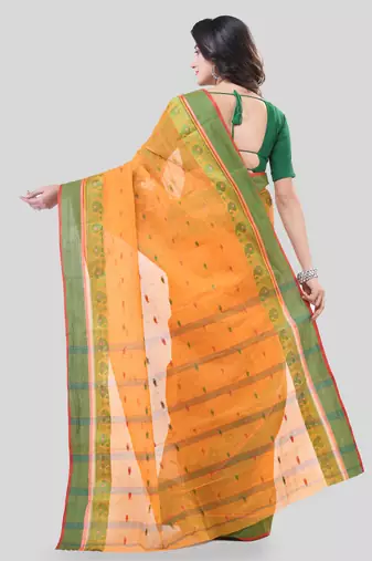 Orange Woven Cotton Paisley Handloom-Sarees Without Blouse Piece
