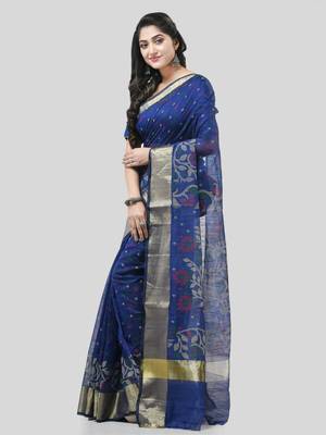 Blue Woven Cotton Silk Floral Handloom-Sarees Without Blouse Piece 3