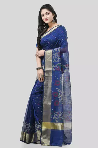 Blue Woven Cotton Silk Floral Handloom-Sarees Without Blouse Piece