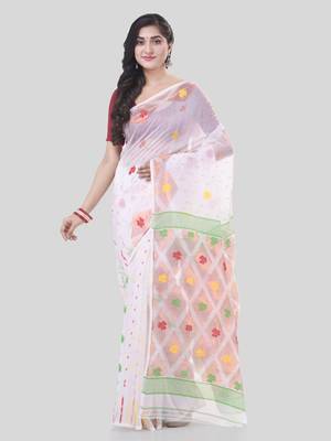 White Woven Cotton Self Design Handloom Jamdani Sarees Without Blouse Piece 5