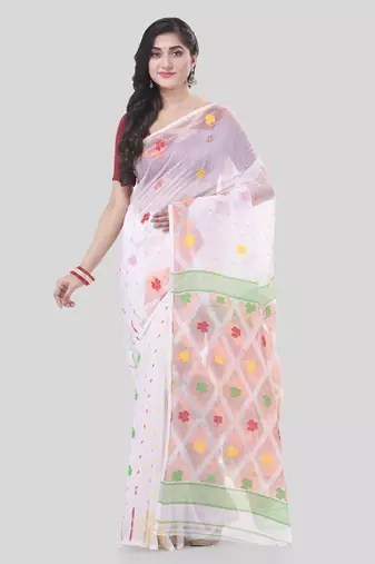 White Woven Cotton Self Design Handloom Jamdani Sarees Without Blouse Piece
