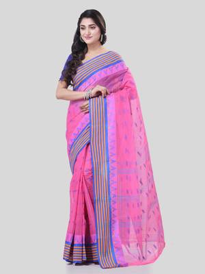 Pink Woven Cotton Floral Handloom-Sarees Without Blouse Piece 5