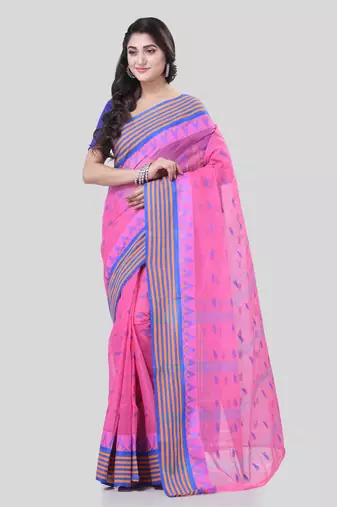 Pink Woven Cotton Floral Handloom-Sarees Without Blouse Piece