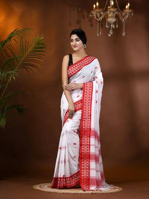 White woven cotton floral handloom-sarees with blouse piece 1