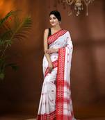 White woven cotton floral handloom-sarees with blouse piece