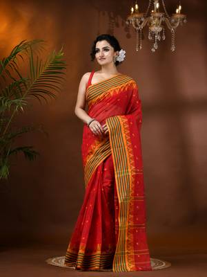 Red Woven Cotton Floral Handloom-Sarees Without Blouse Piece 1