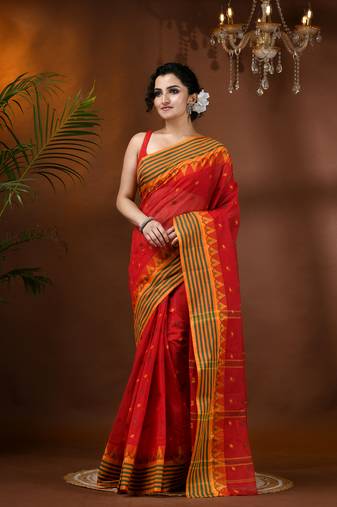 Red Woven Cotton Floral Handloom-Sarees Without Blouse Piece
