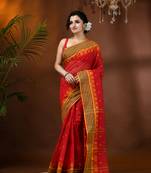 Red Woven Cotton Floral Handloom-Sarees Without Blouse Piece