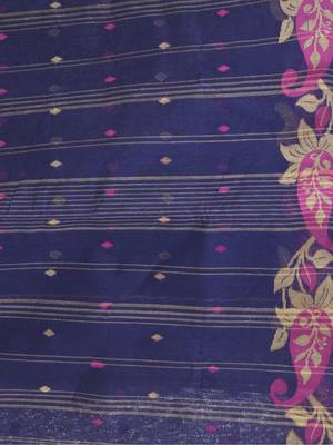 Blue Woven Cotton Paisley Handloom-Sarees Without Blouse Piece 4