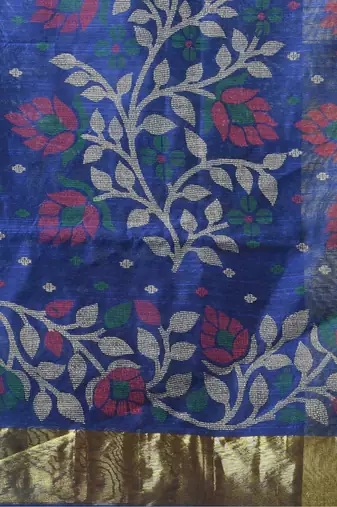 Blue Woven Cotton Silk Floral Handloom-Sarees Without Blouse Piece