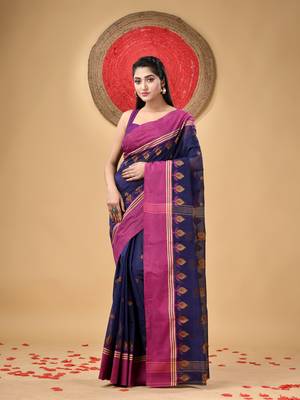 Purple Woven Cotton Leaves Handloom-Sarees Without Blouse Piece 1