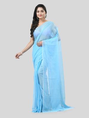 Blue Woven Cotton Solid Handloom-Sarees Without Blouse Piece 5