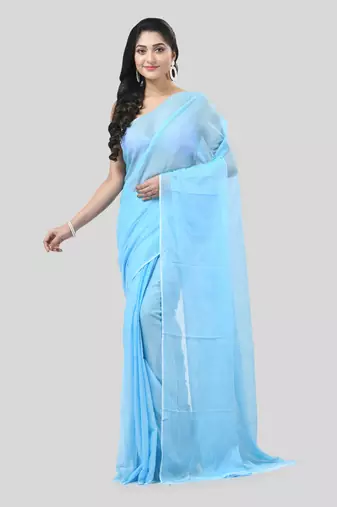 Blue Woven Cotton Solid Handloom-Sarees Without Blouse Piece