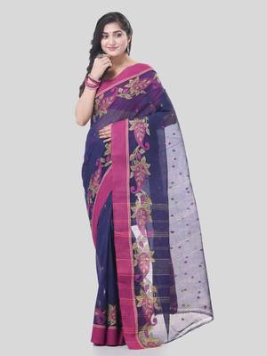 Blue Woven Cotton Paisley Handloom-Sarees Without Blouse Piece 5