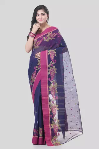 Blue Woven Cotton Paisley Handloom-Sarees Without Blouse Piece