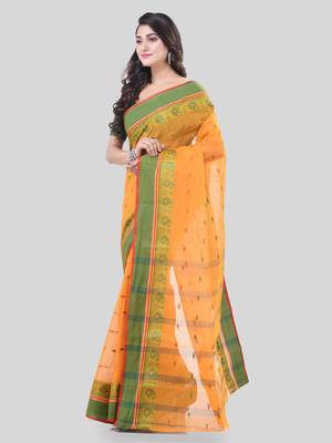 Orange Woven Cotton Paisley Handloom-Sarees Without Blouse Piece 3