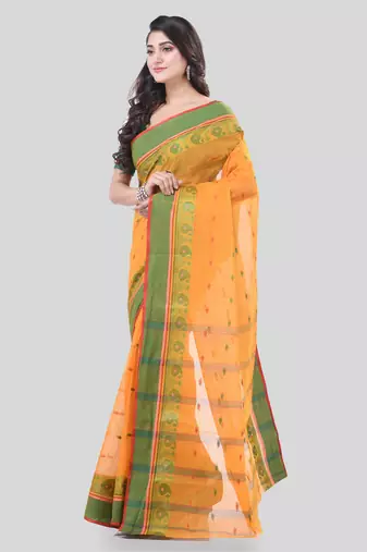 Orange Woven Cotton Paisley Handloom-Sarees Without Blouse Piece