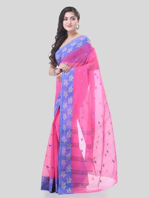 Pink Woven Cotton Floral Handloom-Sarees Without Blouse Piece 3
