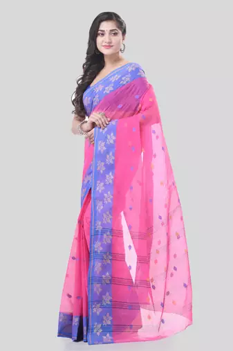 Pink Woven Cotton Floral Handloom-Sarees Without Blouse Piece
