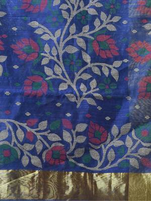 Blue Woven Cotton Silk Floral Handloom-Sarees Without Blouse Piece 4