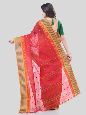 Red Woven Cotton Floral Handloom-Sarees Without Blouse Piece 2