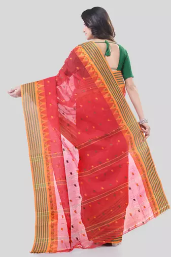 Red Woven Cotton Floral Handloom-Sarees Without Blouse Piece