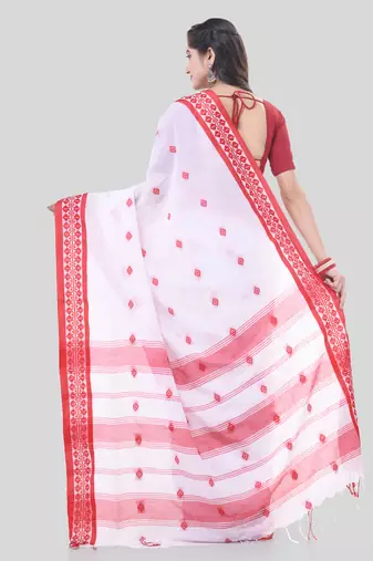White woven cotton floral handloom-sarees with blouse piece