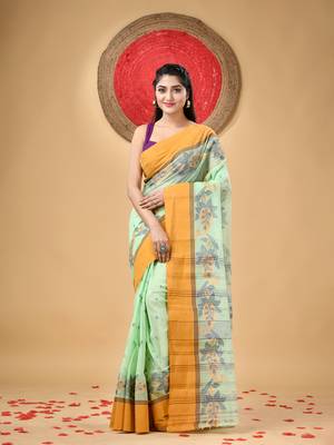 Light Green Woven Cotton Paisley Handloom-Sarees Without Blouse Piece 1
