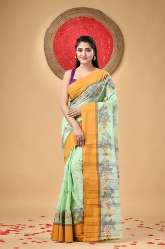 Light Green Woven Cotton Paisley Handloom-Sarees Without Blouse Piece