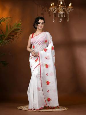 White woven cotton silk rose embroidered handloom-sarees with blouse piece 1
