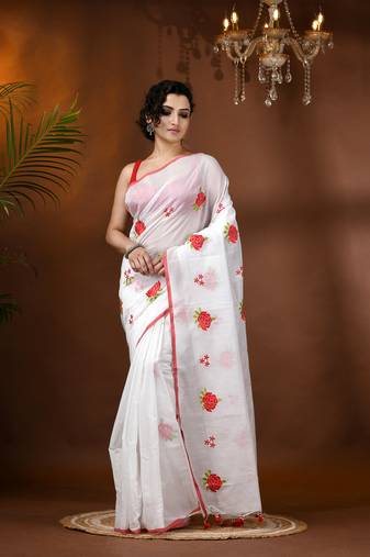 White woven cotton silk rose embroidered handloom-sarees with blouse piece