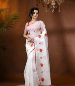 White woven cotton silk rose embroidered handloom-sarees with blouse piece