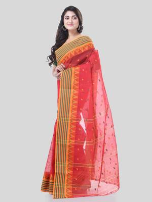 Red Woven Cotton Floral Handloom-Sarees Without Blouse Piece 3