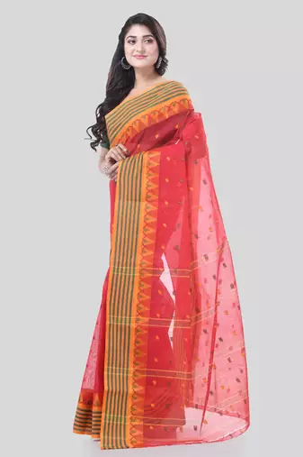 Red Woven Cotton Floral Handloom-Sarees Without Blouse Piece